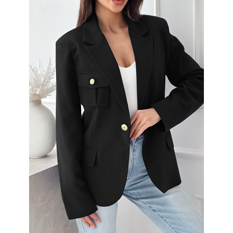 Women's Blazer Work Button Solid Color Casual / Daily Stylish Regular Fit Outerwear Long Sleeve Winter Black S4