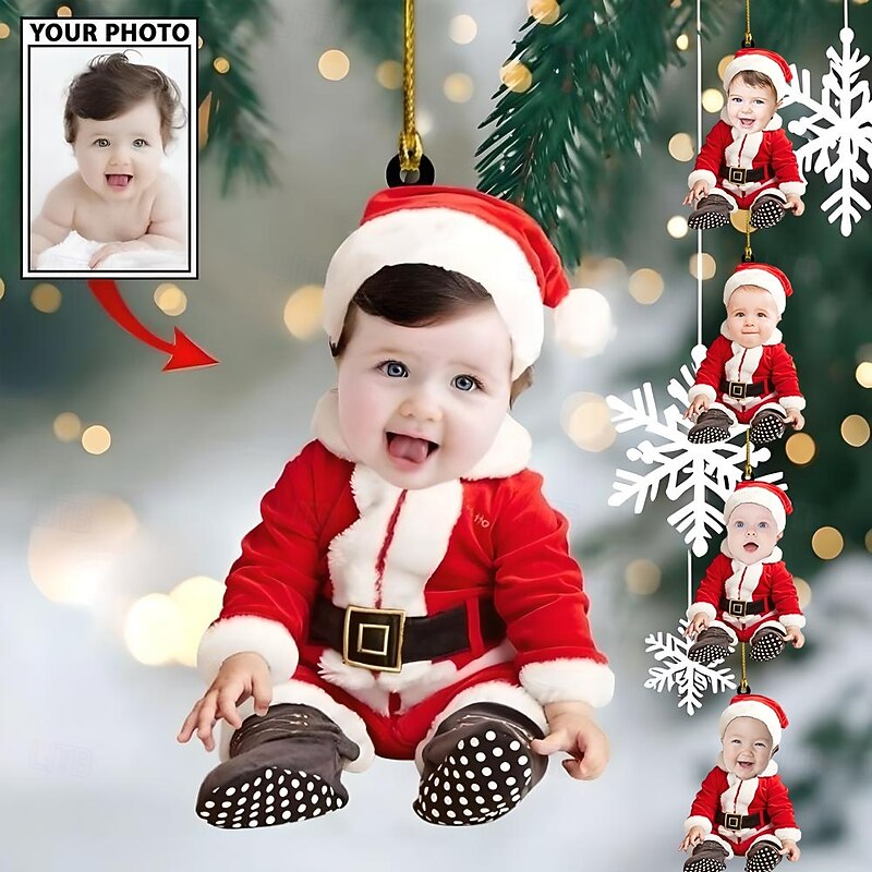5 Packs Personalized Photo Christmas Ornaments Christmas Acrylic 2D Custom Baby Face Christmas Tree Ornaments Xmas Decoration Hanging Pendant Gifts