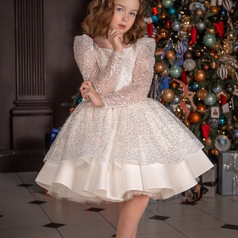 Kids Girls' Party Dress Solid Color Long Sleeve Performance Wedding Party Mesh Princess Sweet Mesh Mid-Calf Sheath Dress Tulle Dress Summer Spring Fall kids White Champagne4