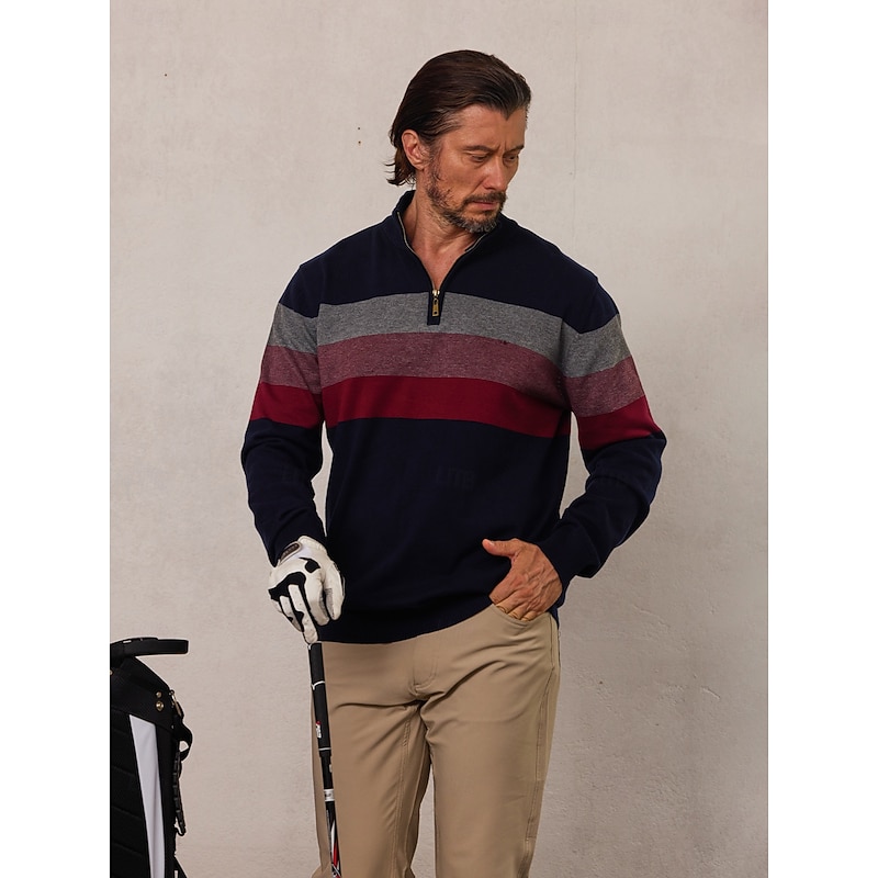 Men's Sweater Black Navy Blue Green Long Sleeve Thermal Warm Top Color Block Fall Winter Golf Attire Clothes Outfits Wear Apparel