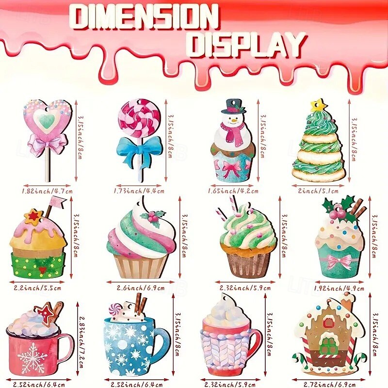 24pcs Christmas Wooden Ornaments, Cupcake and Candy Decoration Set, Dessert-Themed Hanging Pendants with Cookie and Hot Cocoa Patterns for Holiday Trees, Home, and Coffee Bar Decor3