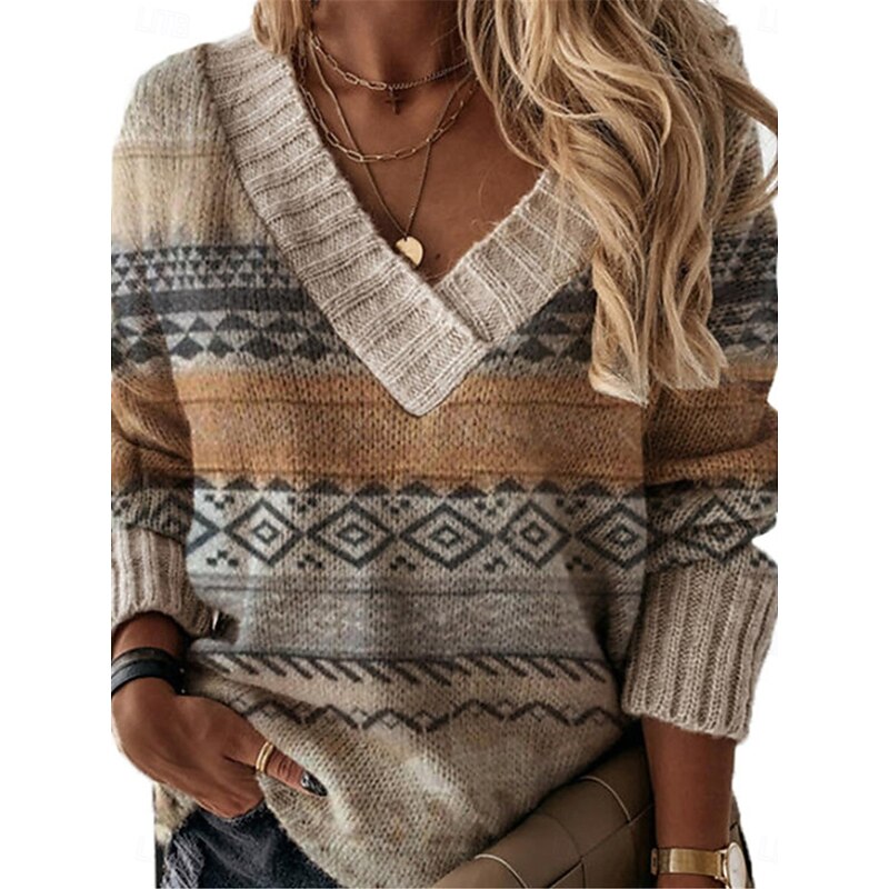 Women's Sweater Pullover Sweater Jumper Vintage Style Casual Soft Geometric Ribbed V Neck Knitted Long Sleeve Regular Tops Knit Outdoor Daily Weekend Khaki Fall Winter4