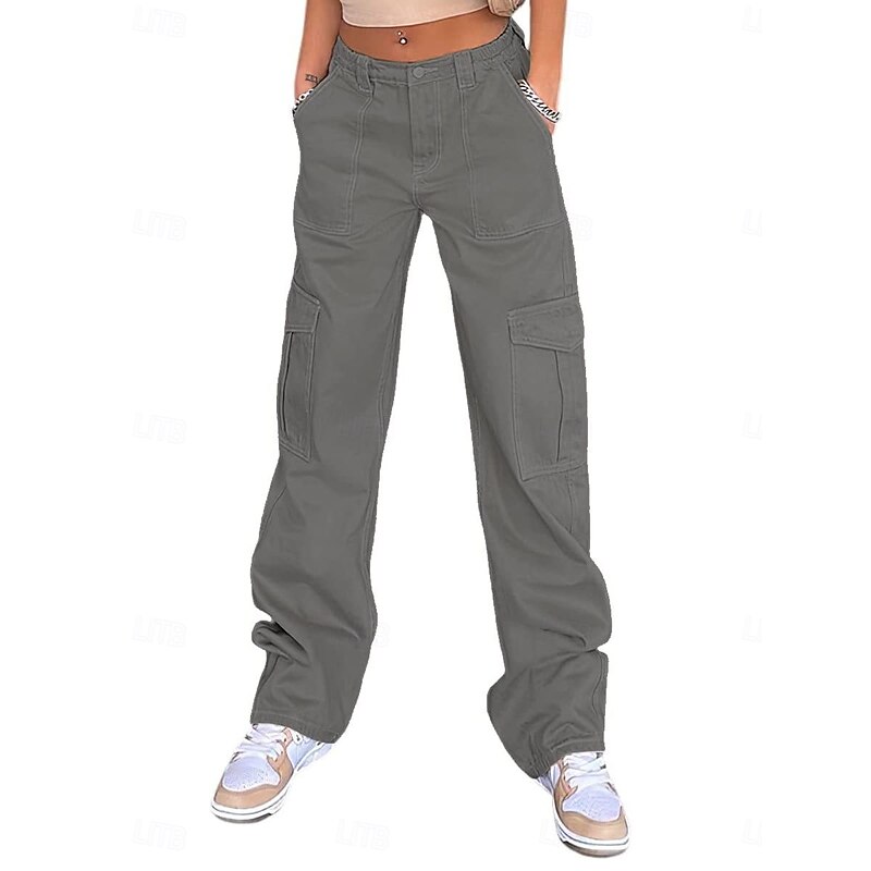 Women's Cargo Pants Chinos Fashion Streetwear Full Length High Waist Plain Pocket Comfy Soft Comfortable Micro-elastic Outdoor Street Black Khaki Gray Spring &  Fall Regular Fit