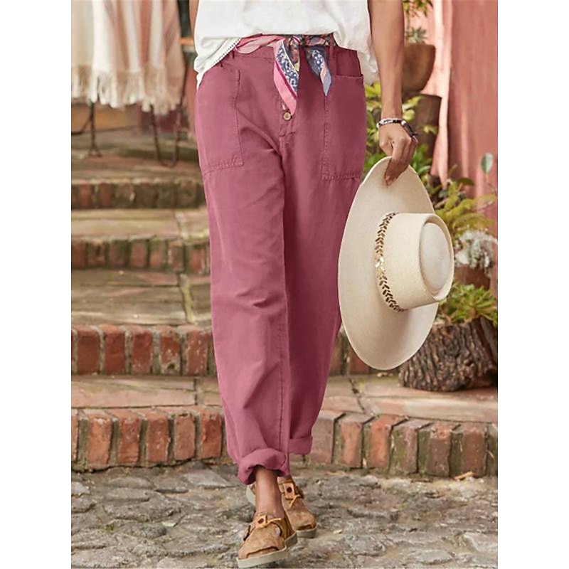 Women's Cotton Linen Pants Chinos Fashion Streetwear Full Length High Waist Plain Pocket Elastic Waistband Comfy Soft Comfortable Micro-elastic Outdoor Street Black Pink Green Gray Spring &  Fall