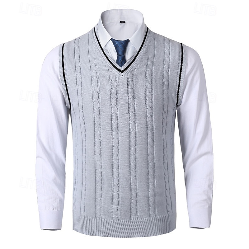 Men's Sweater Vest Pullover Sweater Jumper Dress Sweater Vest Knit Sweater Ribbed Cable Knit Knit Regular Knitted Plain V Neck Fashion Casual Daily Wear Date Clothing Apparel Fall & Winter Black White3