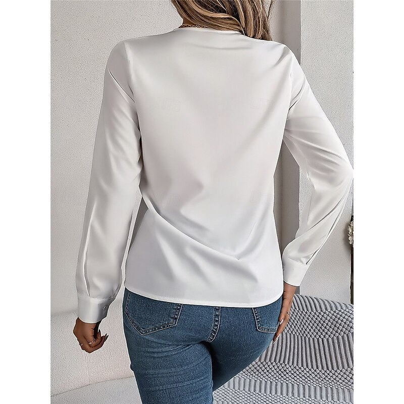 Women's Shirt Blouse Solid Color Basic Casual Long Sleeve V Neck Regular Tops Daily White Pink Wine Fall Winter2