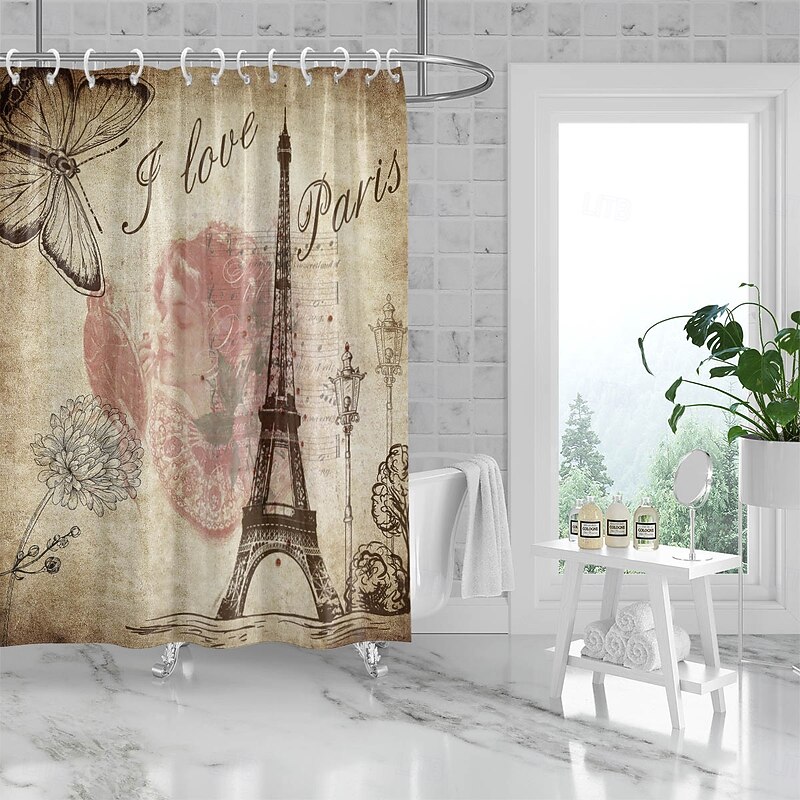 Shower Curtain with Hooks 180cm*180cm(70"*70") Polyester Washable Waterproof Pattern Bathroom Bathtub Decor Vintage Eiffel Tower3