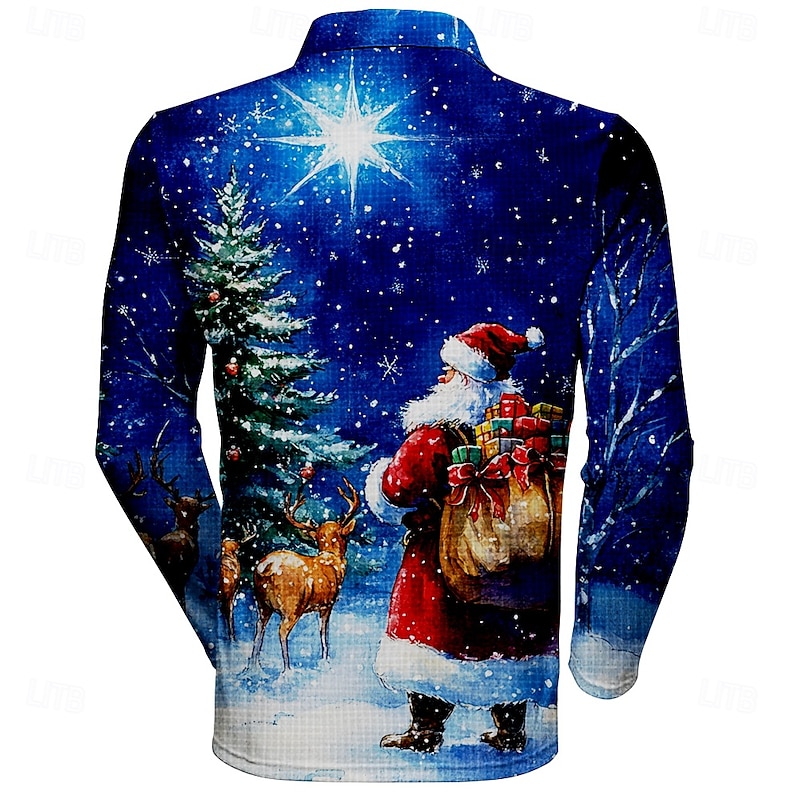 Christmas Men's Santa Claus 3D Polo Santa Claus Casual Resort Zip Long Sleeve Party Evening Vacation Spring Fall Winter Zipper 3D Print Collar Blue Inelastic Polyester2