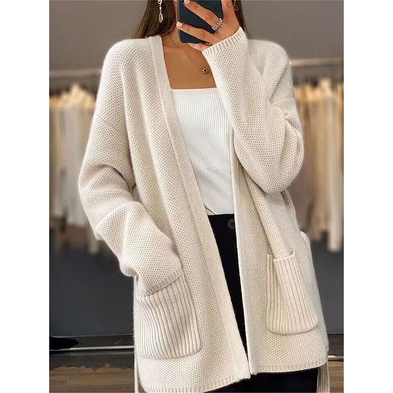 Women's Sweater Cardigan Casual Soft Pure Color Ribbed Open Front Pocket Knitted Long Sleeve Regular Tops Knit Outdoor Daily Weekend Green Beige Fall Winter