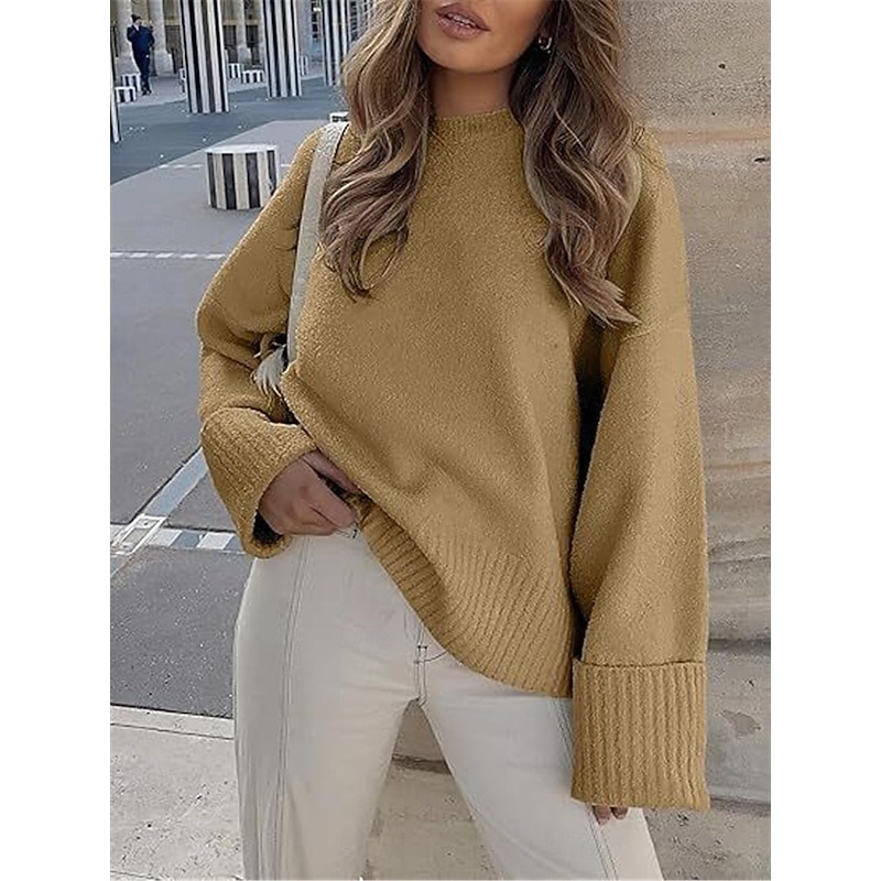 Women's Sweater Pullover Sweater Jumper Casual Soft Pure Color Ribbed Crew Neck Knitted Long Sleeve Regular Tops Knit Outdoor Daily Weekend Black White Fall Winter