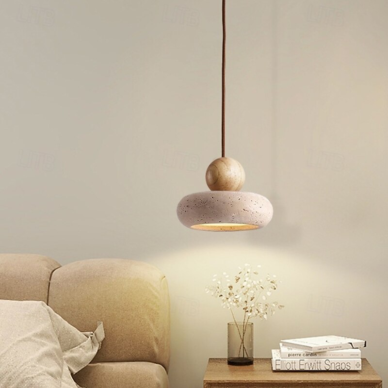 Wabi Sabi Natural Stone Shade Pendant Lamp Round Modern Wood Chandelier Bedroom Bedside Light for Living Dining Room Table Ceiling Hanging Lamp 15cm 110-240V3