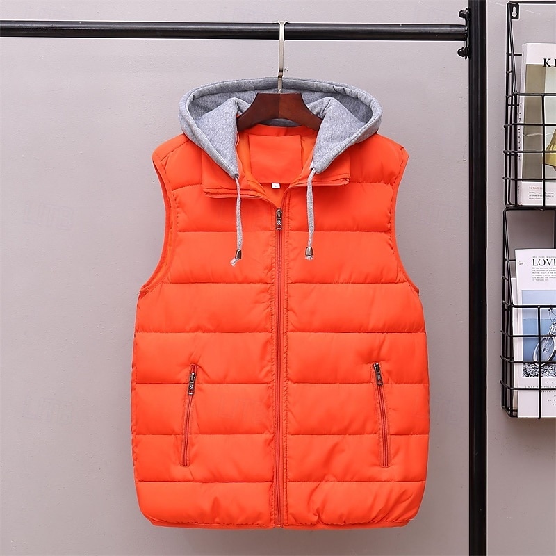 Men's Puffer Vest Hoodie Vest Padded Gilet Quilted Vest Daily Date Vacation Fashion Casual Fall & Winter Pocket Polyester Warm Comfortable Solid Color Zipper Hooded Regular Fit Black Red Orange Dark4