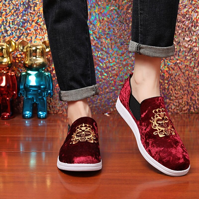 Men's Burgundy Velvet Slip-On Loafers with Golden Embroidery and White Sole – Luxurious Casual Shoes for Parties and Events4