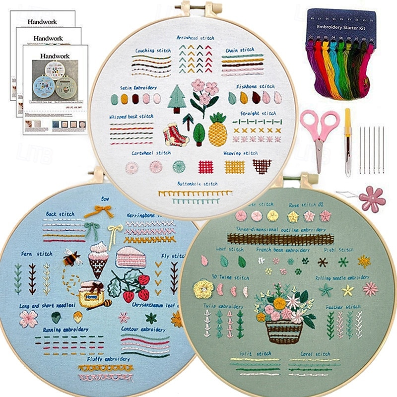 3 Sets Embroidery kit for Beginners AdultsLearn 33 Different Stitches DIY Kits Includes Stamped Flower Pattern Hoop Color ThreadsToolsEasy to Follow