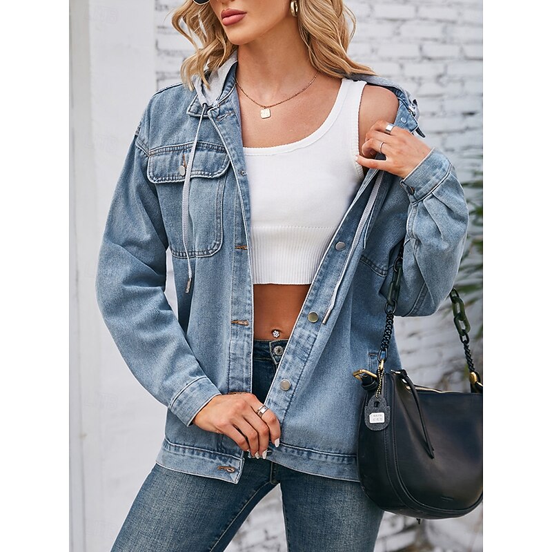 Women's Hoodie Jacket Denim Jacket Outdoor Street Daily Wear Fall Winter Regular Coat Regular Fit Thermal Warm Breathable Stylish Casual Jacket Long Sleeve Solid Color with Pockets Light Blue Black