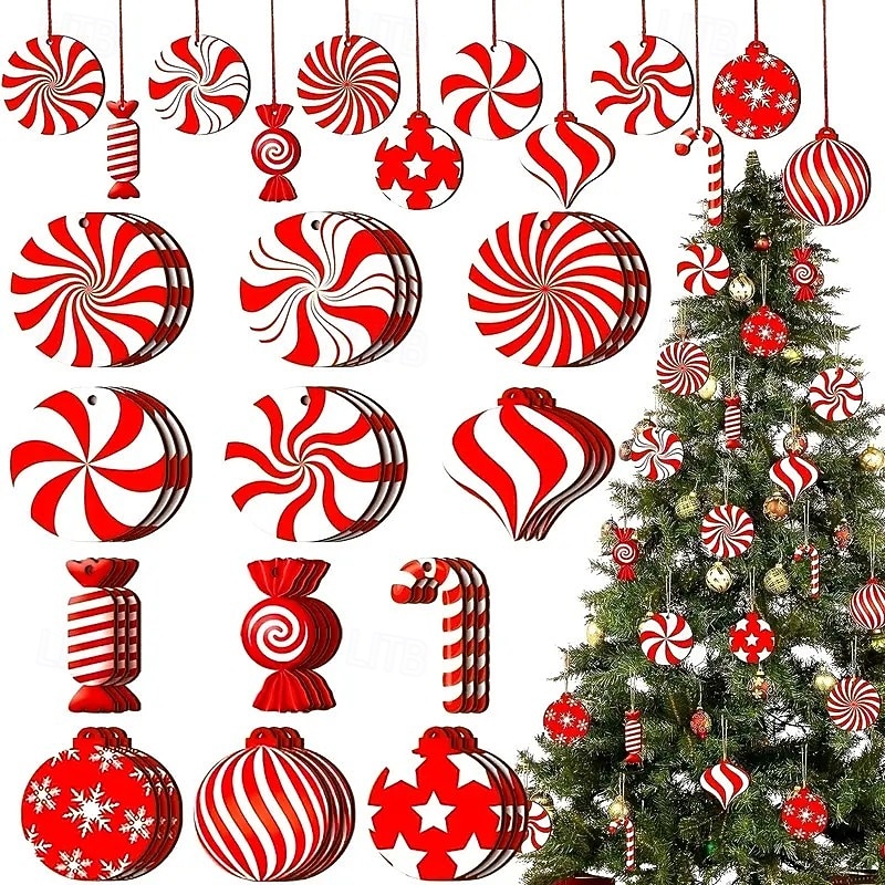24pcs Christmas Wooden Ornaments, Peppermint Candy Cane Hanging Decorations with Peppermint Design, Perfect for Holiday Tree, Home, and Party Decor