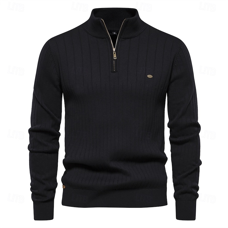 Men's Cotton Knit Vertical Stripes Half Zip Knitwear Elegant Christmas Gifts Home Clothing Apparel Fall Winter Black Navy Blue S M L3