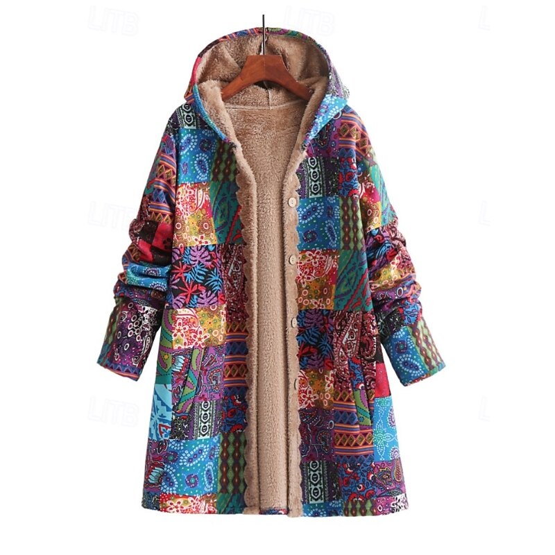 Women's Coat Outdoor Daily Wear Fall Winter Long Coat Loose Fit Thermal Warm Breathable Stylish Casual Jacket Long Sleeve Floral Leaf with Pockets Yellow Pink Blue4