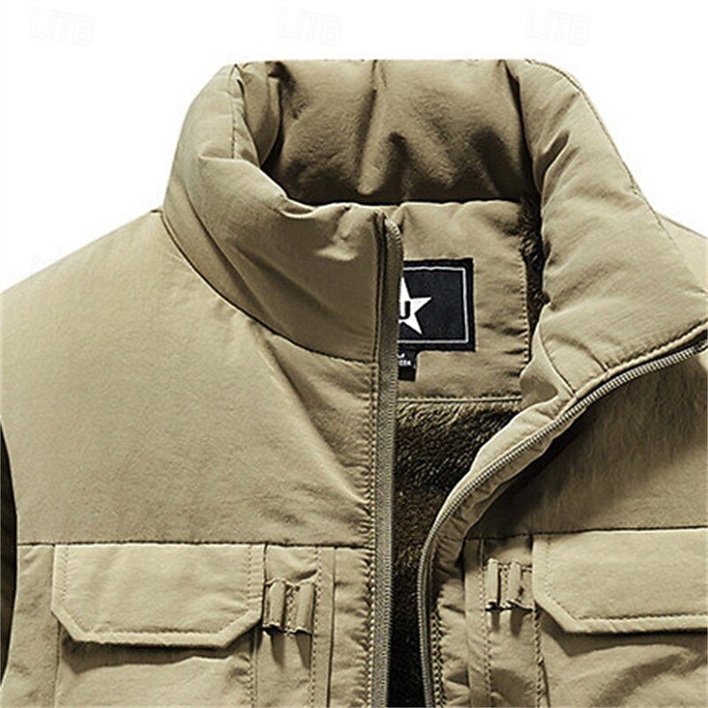 Men's Fleece Vest Outdoor Vest Fishing Vest Daily Date Vacation Fashion Casual Fall & Winter Pocket Polyester Warm Comfortable Solid Color Zipper Stand Collar Regular Fit Black Khaki Gray Vest4