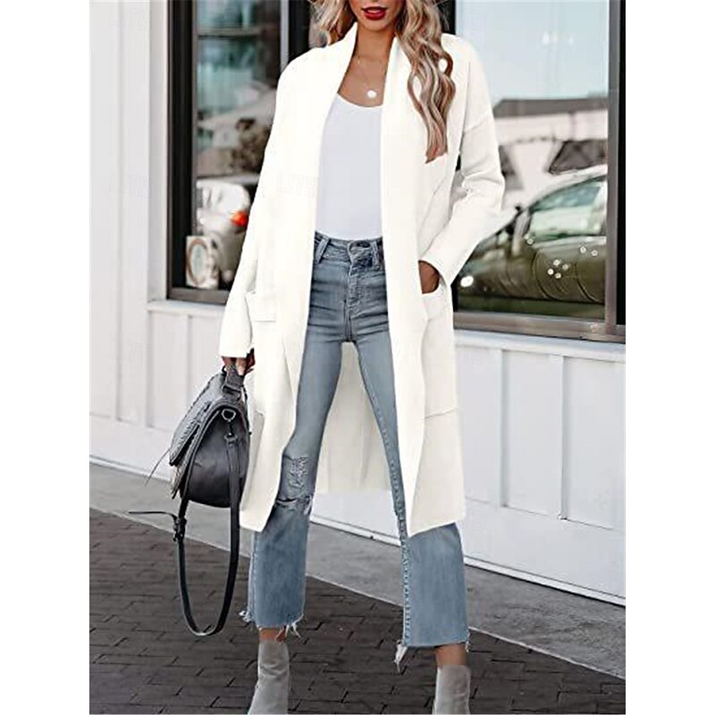 Women's Coat Outdoor Street Daily Wear Fall Winter Long Coat Regular Fit Thermal Warm Breathable Stylish Casual Jacket Long Sleeve Plain with Pockets Black White Green3