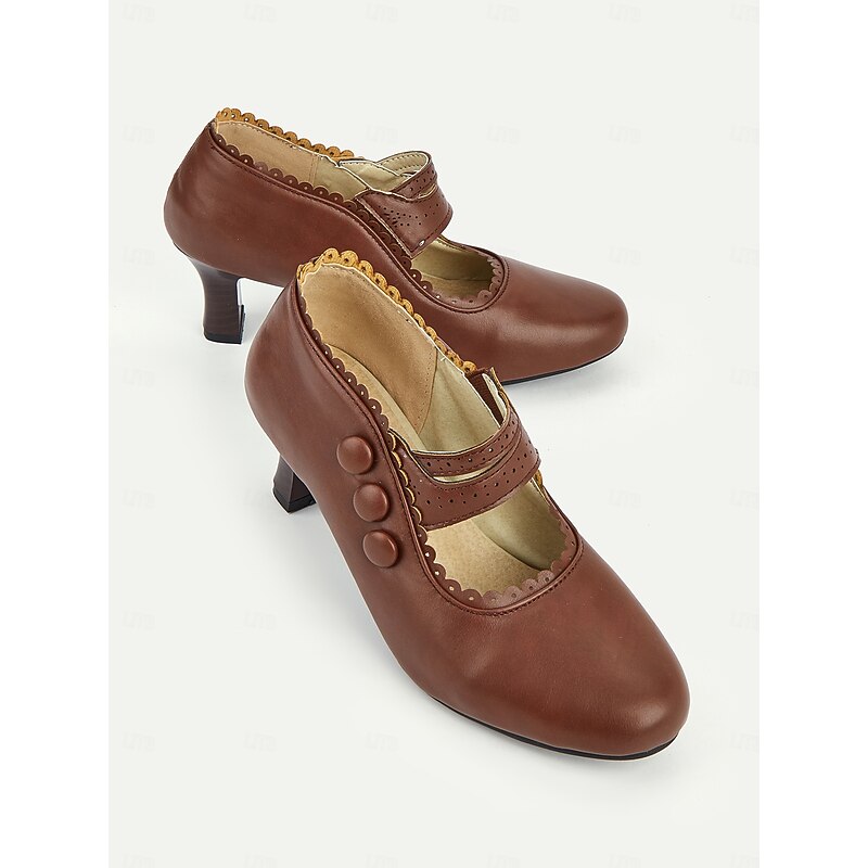 Women's Burgundy Vintage Mary Jane Heels with Decorative Buttons and Scalloped Edges - Classic Style for Office and Formal Events4