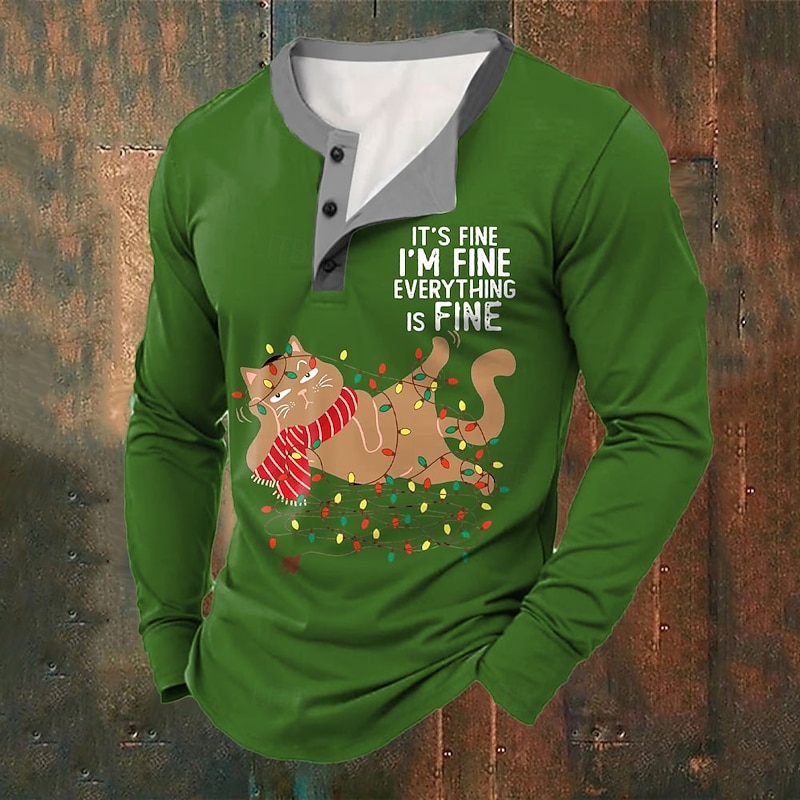 Christmas Men's Funny Christmas Henley T Shirt Cat Fashion Casual Print Henley Party Street Daily Red Green Long Sleeve Henley Winter Spring &  Fall Clothing Apparel Normal S M L XL XXL XXXL