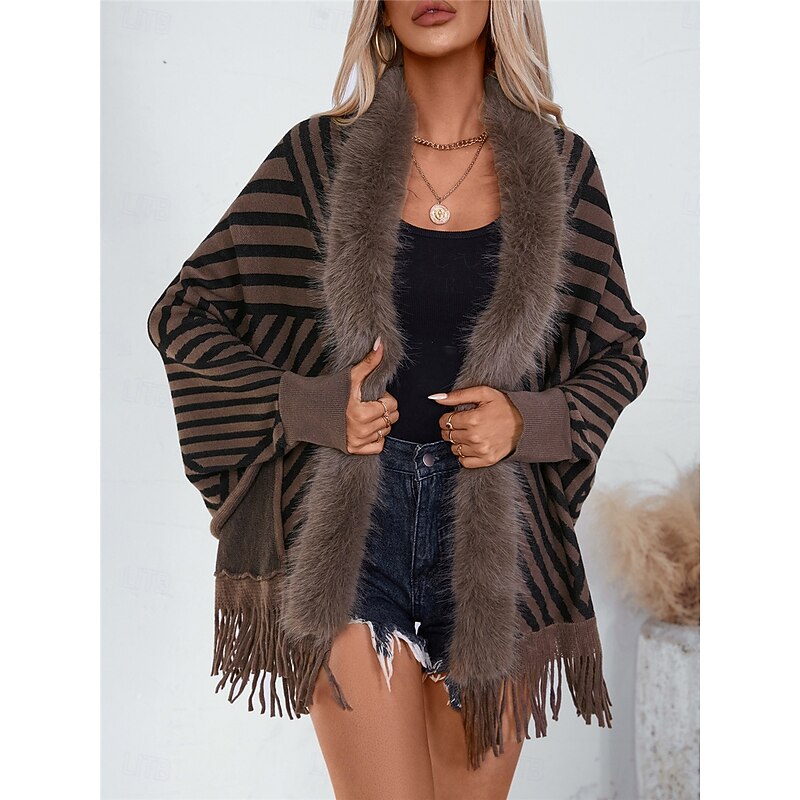 Women's Shrug Casual Soft Striped Ribbed Crew Neck Knitted Faux Fur Trim Long Sleeve Regular Tops Knit Outdoor Daily Weekend Wine Apricot Fall Winter