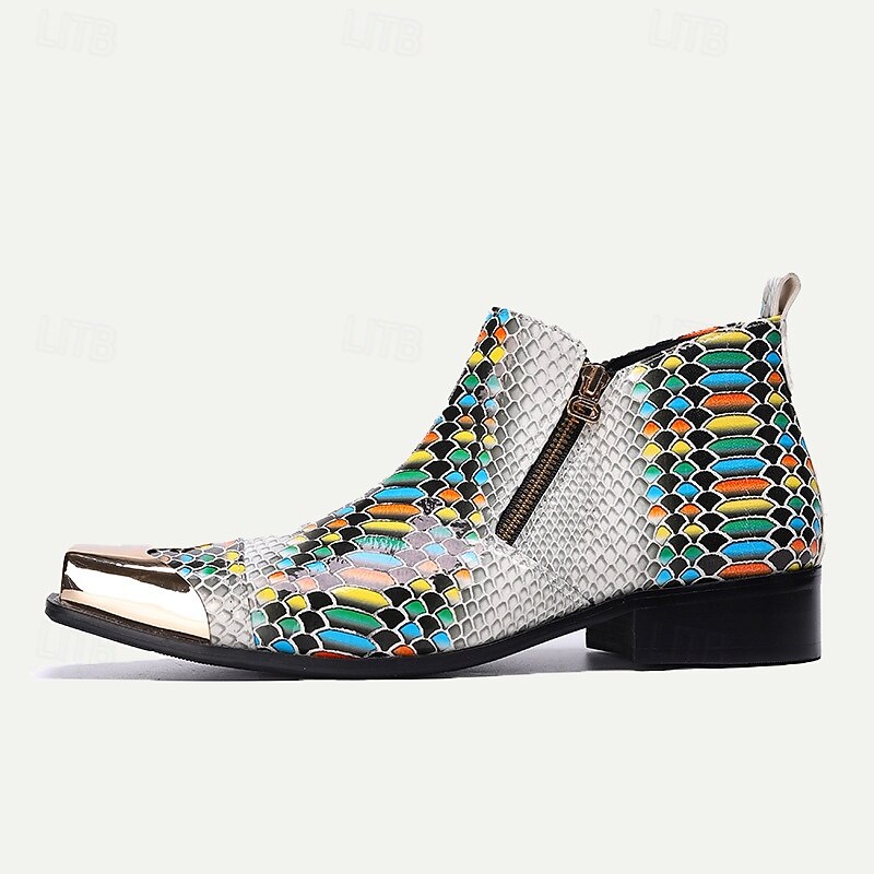 Men's Exotic Snake Print Leather Ankle Boots– Premium Cowhide, Multicolored Fashion Statement with Gold Tip Gold-Tipped Toes and Side Zipper Closure3