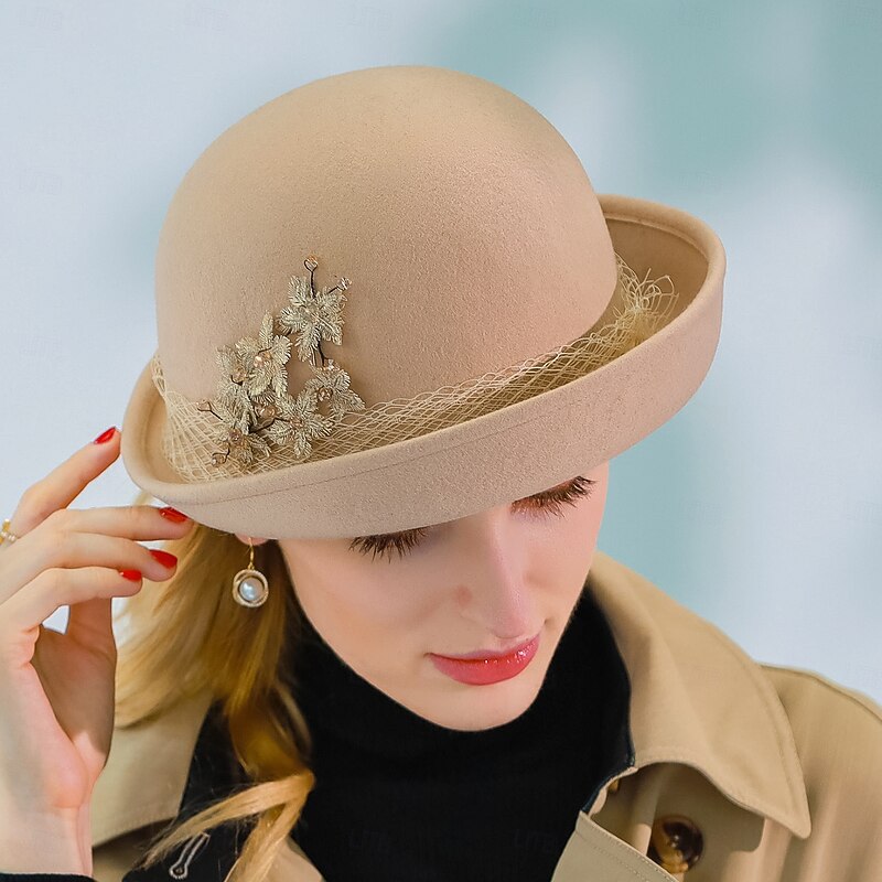 Hats Wool Bowler / Cloche Hat Fedora Hat Wedding Tea Party Elegant Wedding With Cap Lace Side Headpiece Headwear2