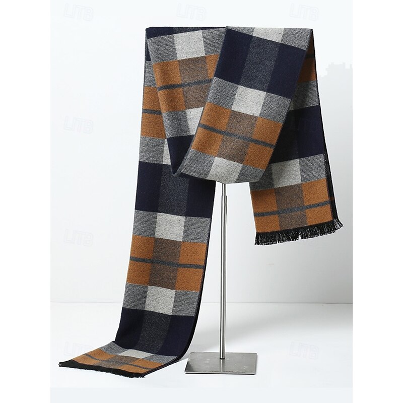 Men's Classic Plaid Winter Scarf – Soft Faux Wool Polyester Checkered Pattern for Warmth and Style, Perfect for Casual or Business Wear