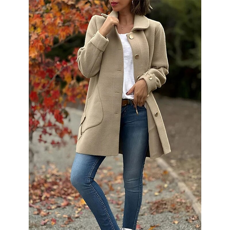 Women's Coat Outdoor Street Daily Wear Fall Winter Regular Coat Regular Fit Thermal Warm Breathable Stylish Casual Jacket Long Sleeve Plain with Pockets Black Apricot Coffee3
