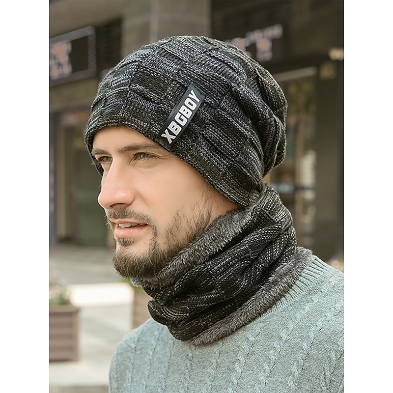 Men's Winter Knitted Beanie Hat & Scarf Set – Warm Fleece Lining, Stylish Casual Design for Cold Weather Comfort