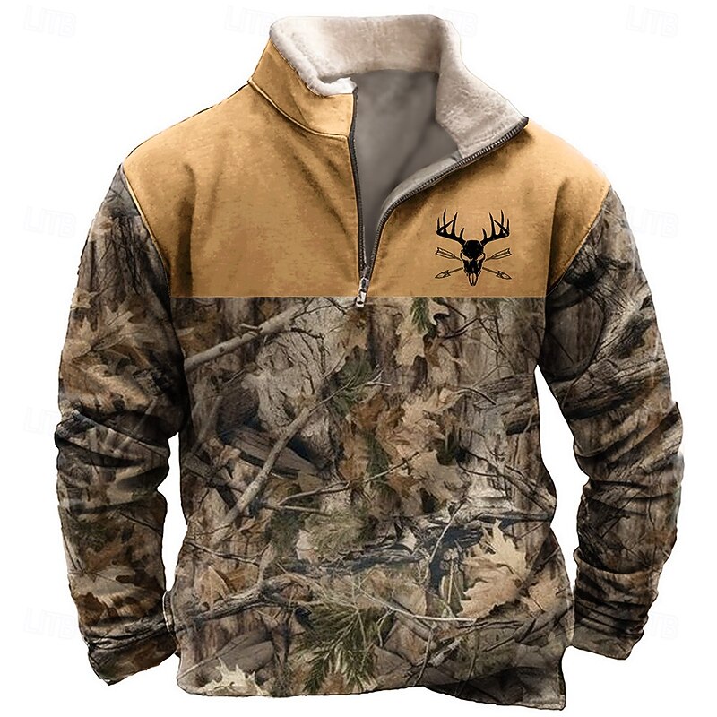 Men's Jungle Sweatshirt Quarter Zip Sweatshirt Long Sleeve Sweatshirt Stand Collar Quarter Zip Casual Vintage Retro 3D Print Vacation Going out Streetwear Half Zip Fall Winter