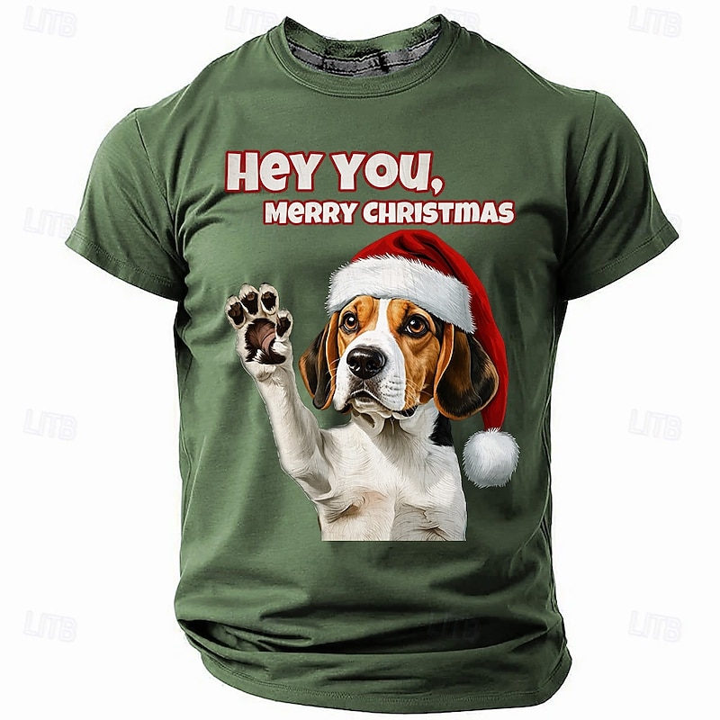 Men's Christmas Graphic T-Shirt, Short Sleeve with Beagle Dog in Santa Hat 'Hey You, Merry Christmas'