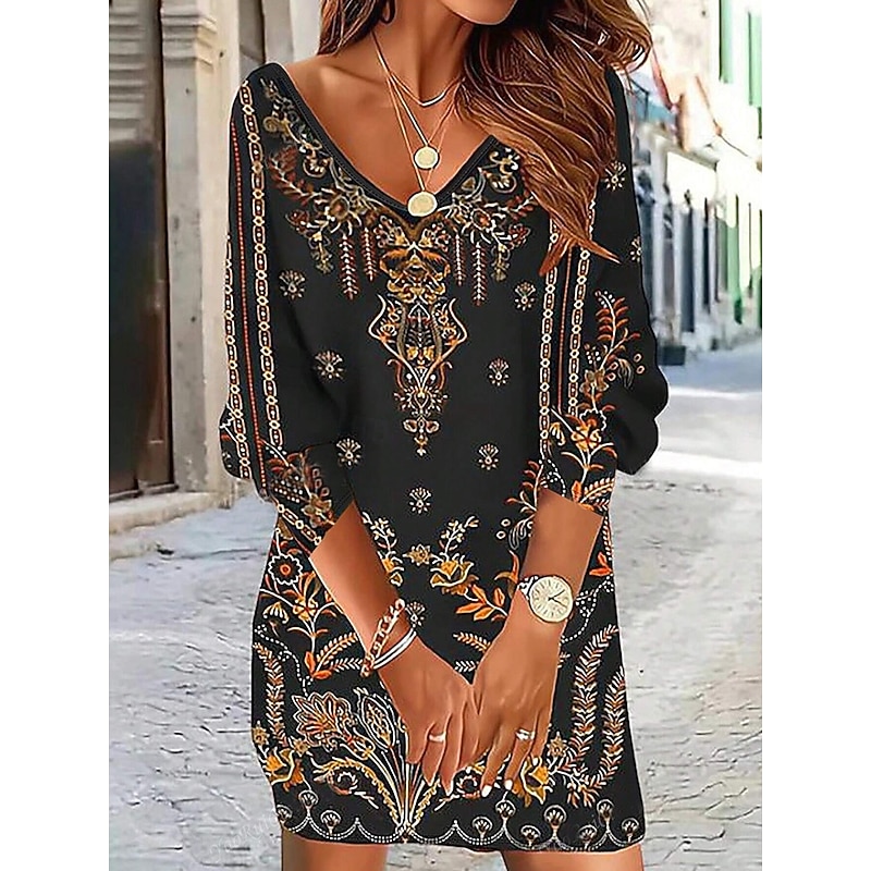 Women's Mini Dress Casual Dress Winter Dress Semi Formal Dress Shift Dress Casual Daily Cocktail Party Regular Fit Floral V Neck Black Fall Winter