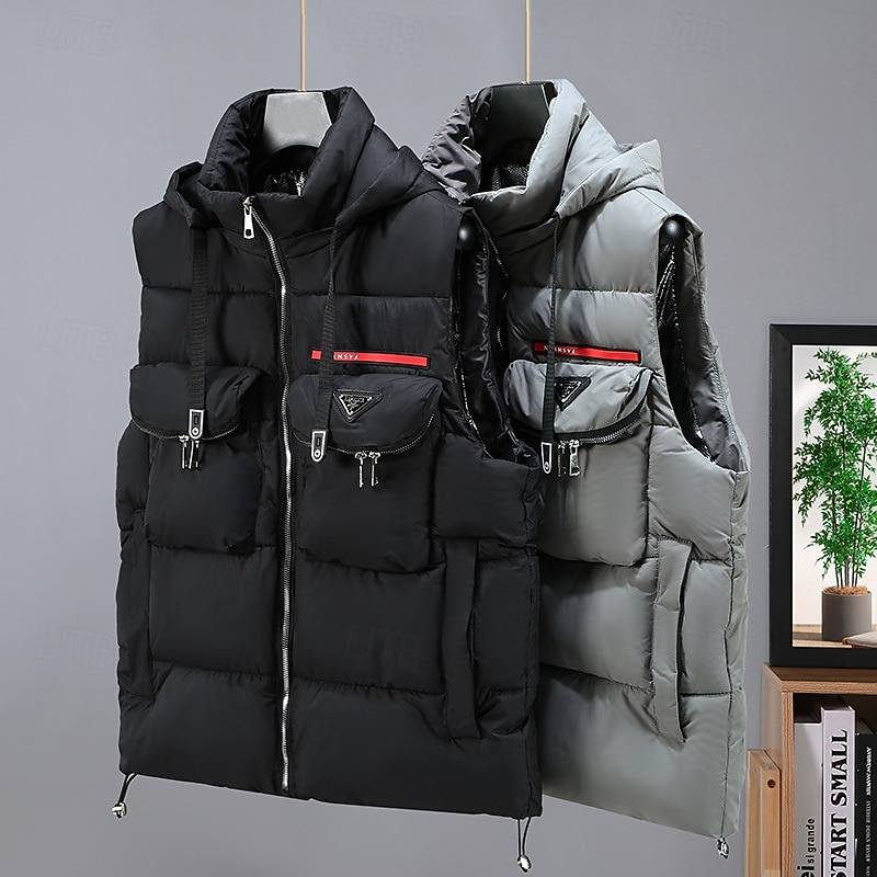 Men's Puffer Vest Hoodie Vest Padded Gilet Quilted Vest Daily Date Vacation Fashion Casual Fall & Winter Pocket Detachable Hood Polyester Warm Comfortable Solid Color Zipper Hooded Regular Fit Black2