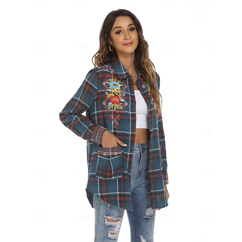 Women's Boho Shirt Floral Plaid Flower Casual Boho Long Sleeve Bishop Sleeve Shirt Collar Regular Tops Valentine's Day Work Daily Embroidered Blue Spring, Fall, Winter, Summer3