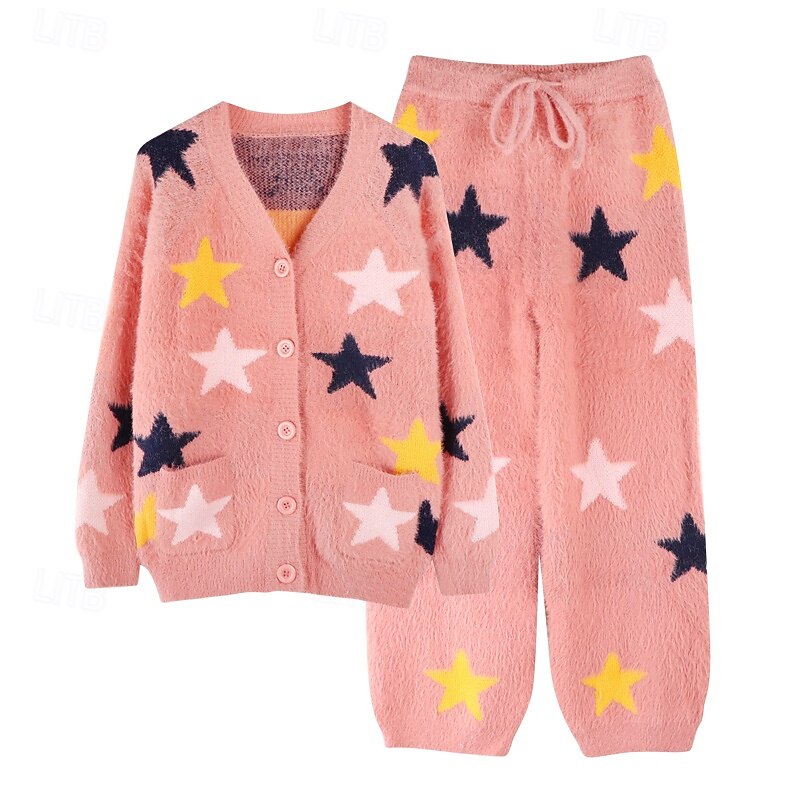 Women's Pajamas Loungewear 2 Pieces Graphic Active Casual Home Daily Fleece Warm Breathable V Neck Long Sleeve Cardigan Pant Fall Winter Home Outfits4