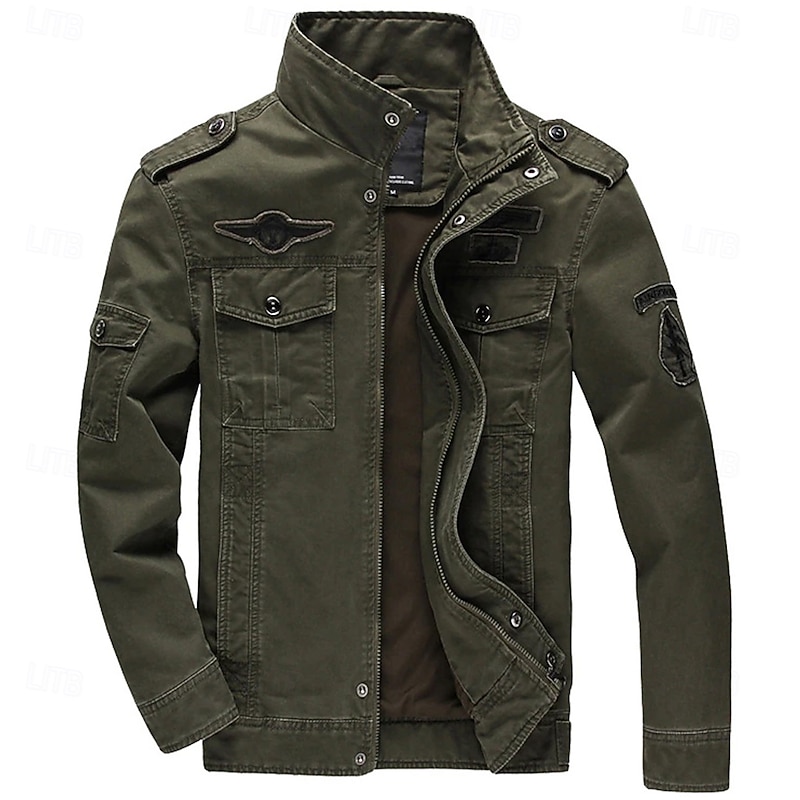 Men's Bomber Jacket Varsity Jacket Tactical Jacket Casual Wearable Multi Pocket Spring Fall Winter Military Military Style Stand Collar Regular Cotton Black Khaki Army Green Jacket3