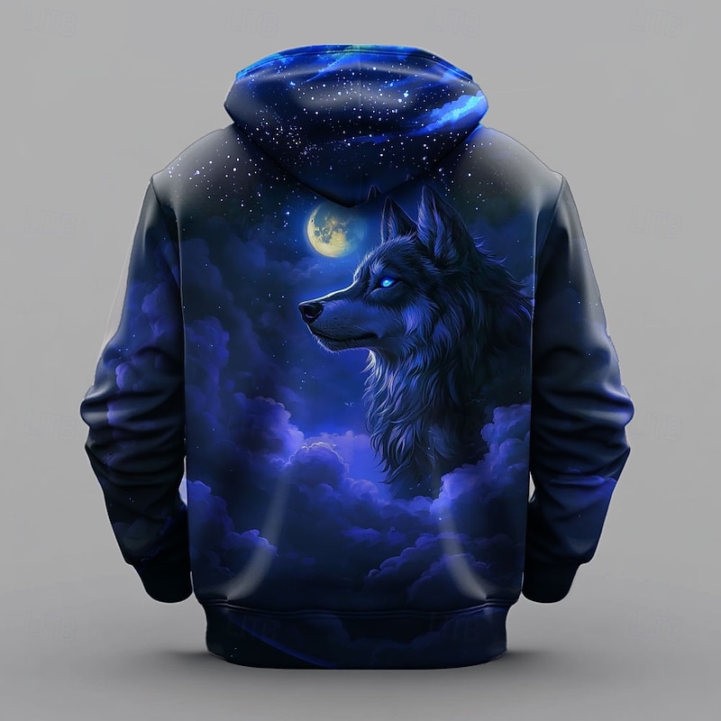 Men's Moon Wolf Hoodie Hoodies Sweatshirt Fashion Cool Long Sleeve Hooded Vacation Gym Streetwear Dark Blue Drawstring Fall Winter Designer2