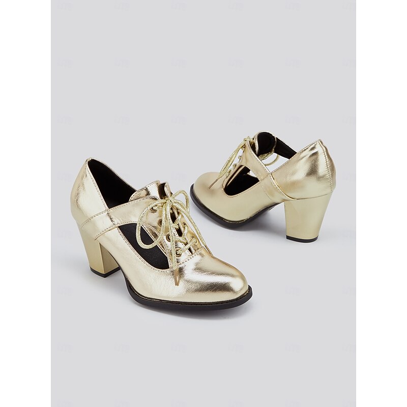 Women's Vintage Gatsby Gold Lace-Up Heeled Oxford Shoes-Glamorous Metallic Block Heels for Parties and Special Occasions3