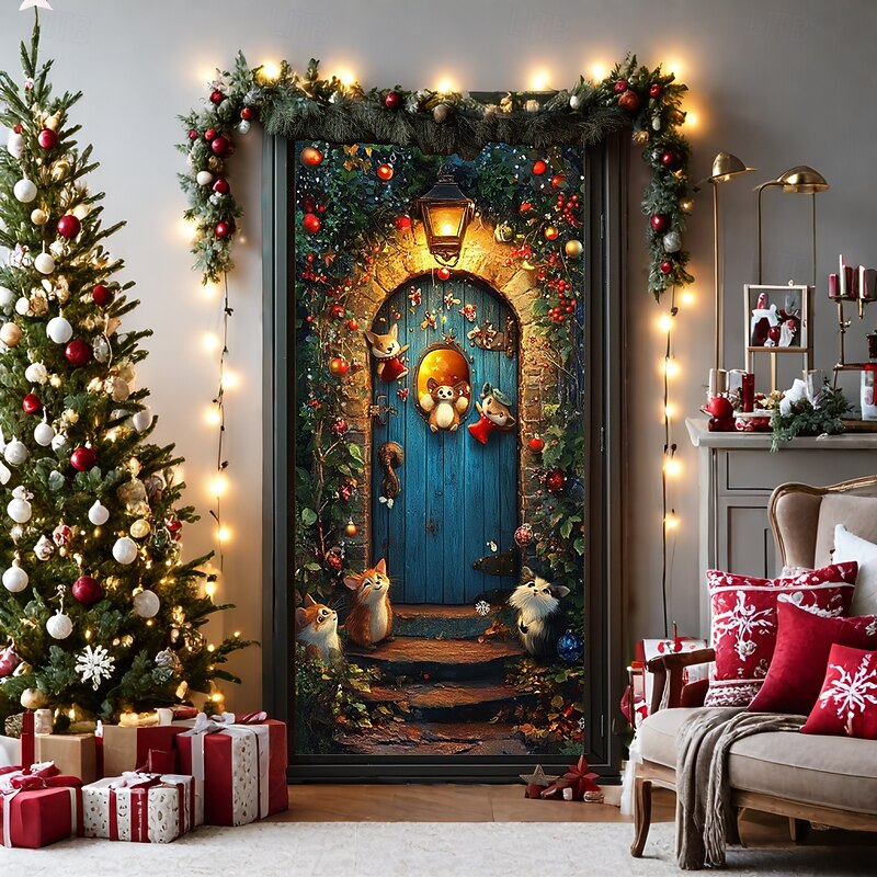 Christmas Door Decorations Door Covers Xmas Animals Door Tapestry Door Curtain Decoration Backdrop Indoor/Outdoor Door Banner for Front Door Farmhouse4
