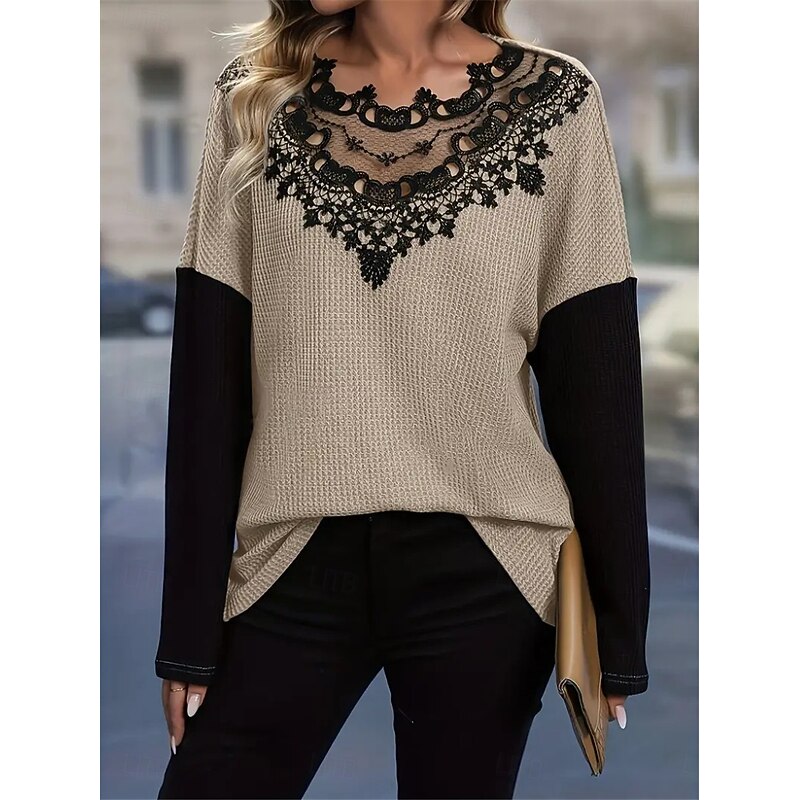 Women's Elegant Lace Tops Eyelet Blouse Fashion Modern Casual Plain Regular Tops Long Sleeve Crew Neck Regular Fit Daily Weekend Romantic Petite Tops Summer Holiday Wear Khaki Fall Winter