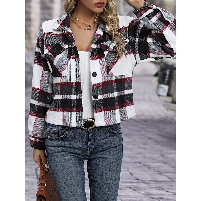 Women's Coat Outdoor Street Daily Wear Fall Winter Short Coat Regular Fit Thermal Warm Breathable Stylish Casual Jacket Long Sleeve Stripes and Plaid with Pockets Print Red Green Khaki4
