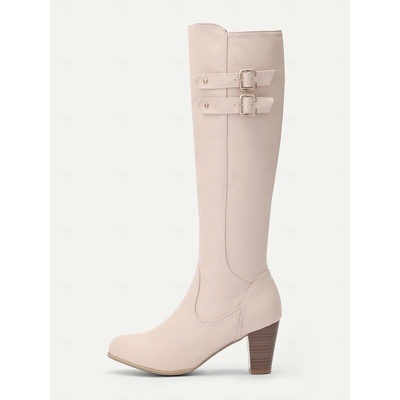 Women's Chic Knee-High Cream Boots – Sleek Design with Double Buckle Detail and Block Heel, Perfect for Fall and Winter Fashion2