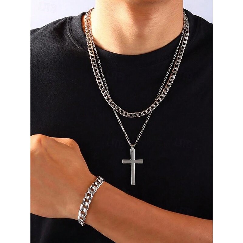 Men's Alloy Cross Necklace, Chain Bracelet, and Engraved Ring Set – Durable and Stylish Christian Jewelry