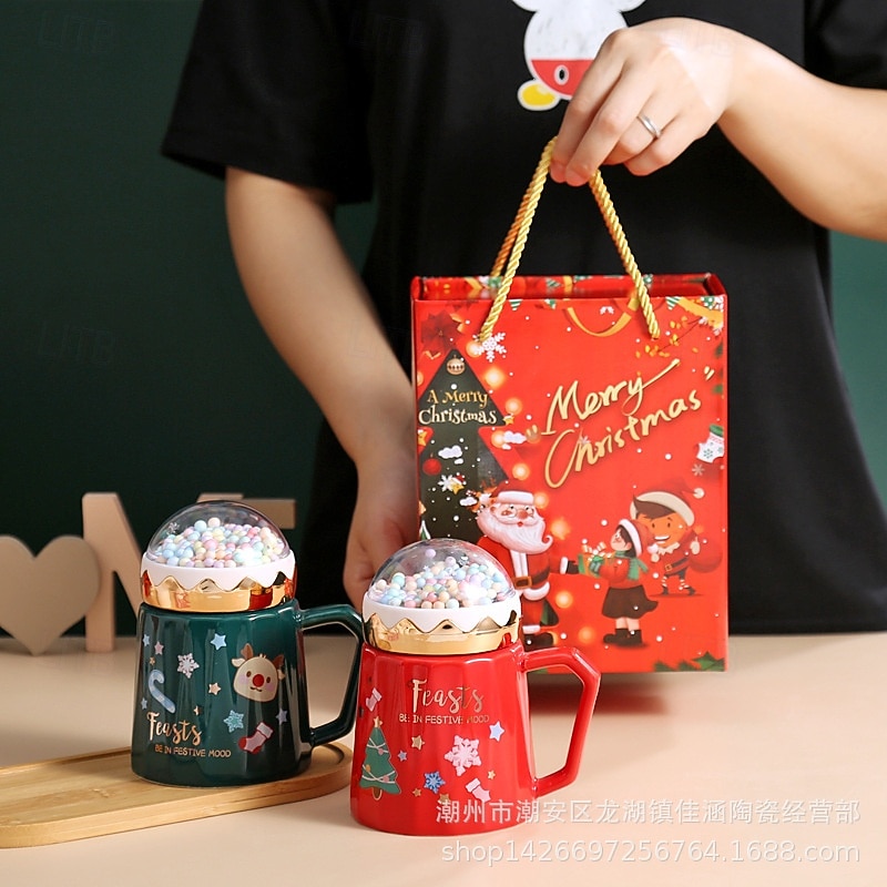 Christmas Ceramic Mug with Gift Box, Cartoon Design with Lid, Xmas Eve Present, Festive Mug with Gift Box, Perfect Holiday Gift