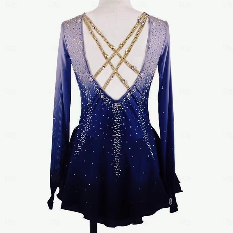 Figure Skating Dress Women's Girls' Ice Skating Dress Dark Blue Thumbhole Halo Dyeing Mesh Spandex Stretchy Training Practice Professional Skating Wear Thermal Warm Classic Crystal / Rhinestone Long2