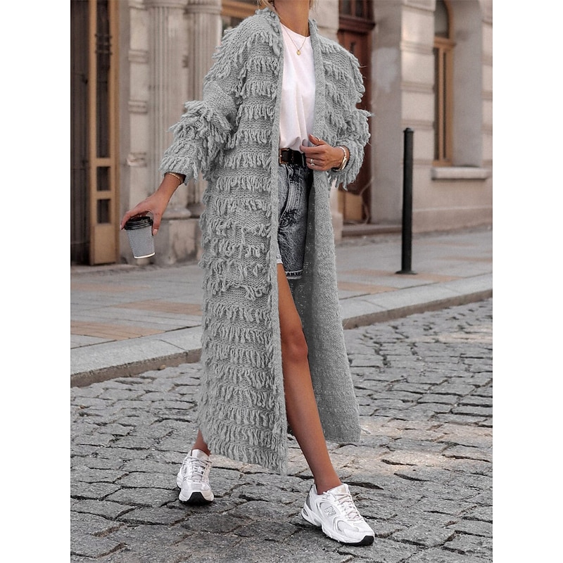 Women's Sweater Cardigan Casual Soft Pure Color Ribbed Open Front Tassel Knitted Long Sleeve Long Tops Knit Outdoor Daily Weekend Black Khaki Fall Winter4