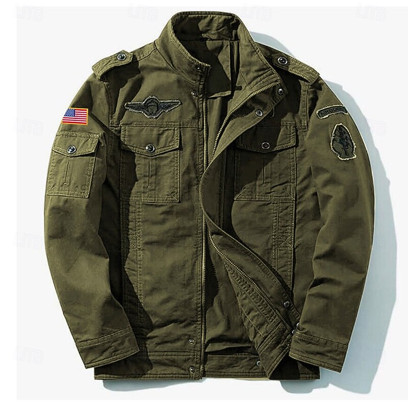Men's Cotton Embroidered Military Jacket Cargo Jacket with Shoulder Straps Long Sleeve Standing Collar Multi-Pockets Coat Trucker Jacket US Flag Print Tactical Outerwear3